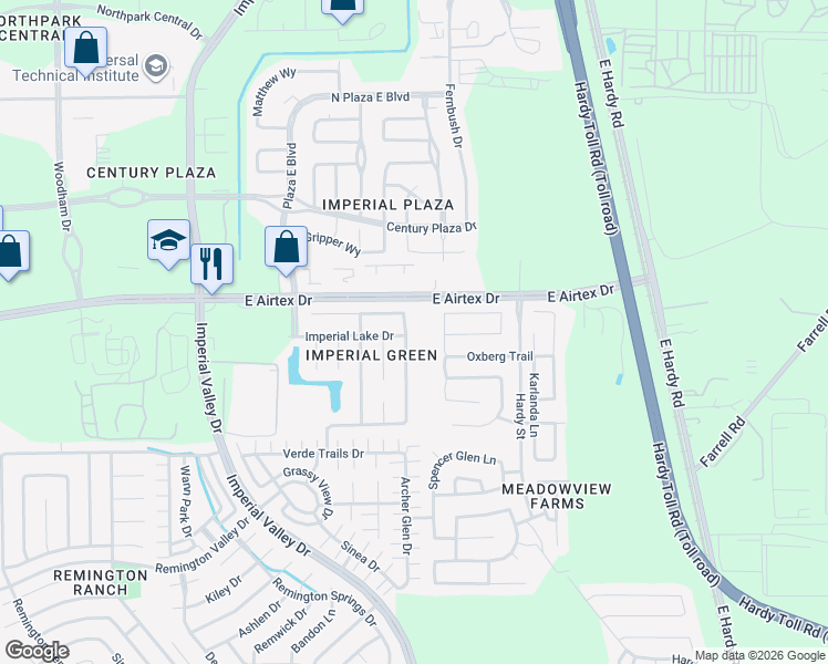 map of restaurants, bars, coffee shops, grocery stores, and more near 20035 Oland Way in Houston