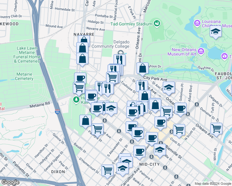 map of restaurants, bars, coffee shops, grocery stores, and more near 4749 Conti Street in New Orleans