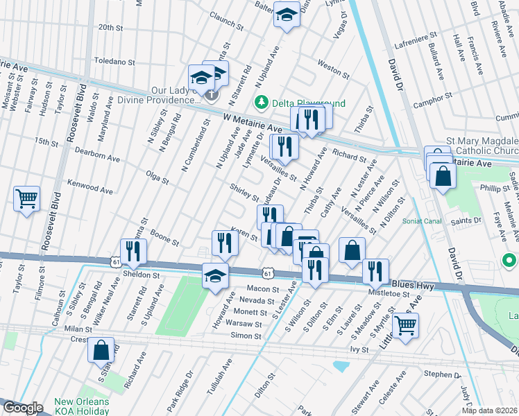 map of restaurants, bars, coffee shops, grocery stores, and more near 408 Trudeau Drive in Metairie