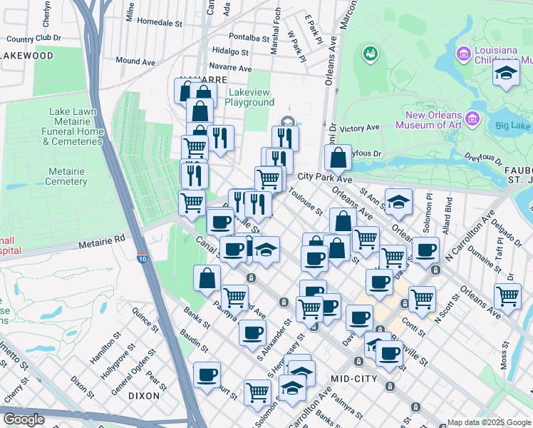 map of restaurants, bars, coffee shops, grocery stores, and more near 318 North Anthony Street in New Orleans