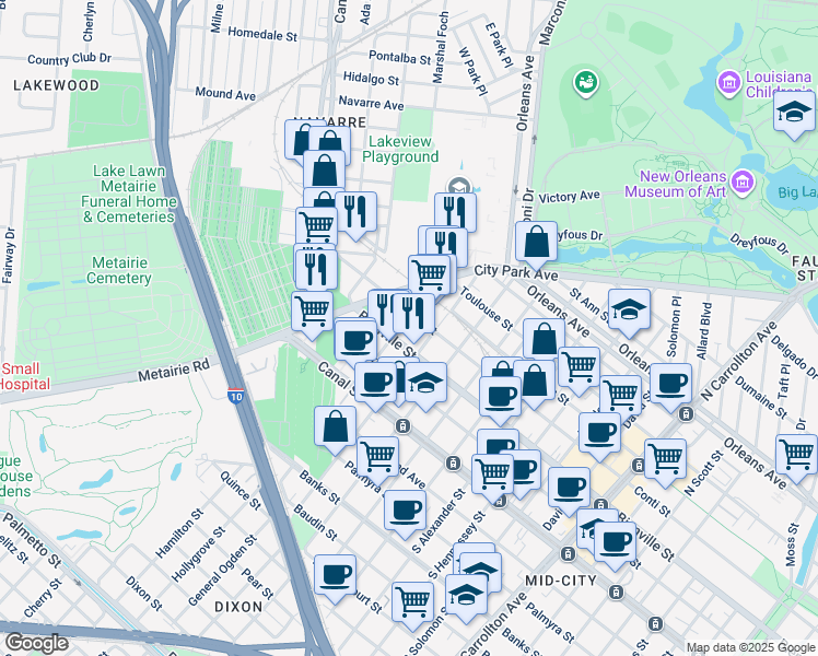 map of restaurants, bars, coffee shops, grocery stores, and more near 318 North Anthony Street in New Orleans