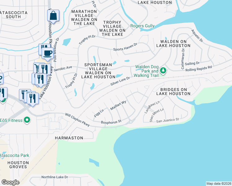 map of restaurants, bars, coffee shops, grocery stores, and more near 18130 Millau Viaduct Way in Houston