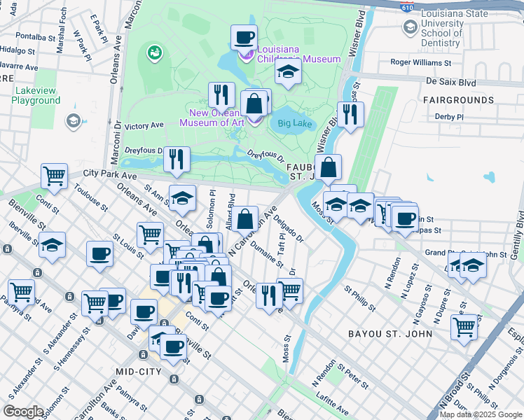 map of restaurants, bars, coffee shops, grocery stores, and more near 977 North Carrollton Avenue in New Orleans