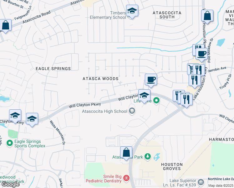 map of restaurants, bars, coffee shops, grocery stores, and more near 6906 Fountain Lilly Drive in Humble