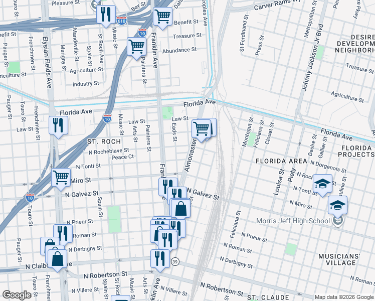 map of restaurants, bars, coffee shops, grocery stores, and more near 2833 Comus Ct in New Orleans
