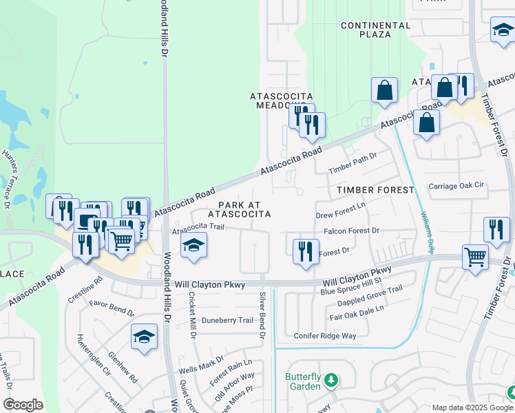 map of restaurants, bars, coffee shops, grocery stores, and more near 18206 Stillwater Place Drive in Humble