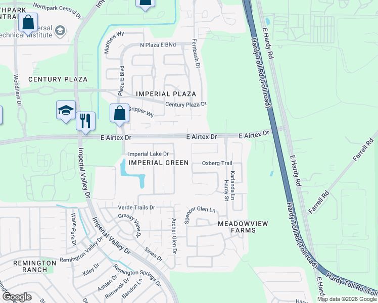 map of restaurants, bars, coffee shops, grocery stores, and more near 20035 Oland Way in Houston