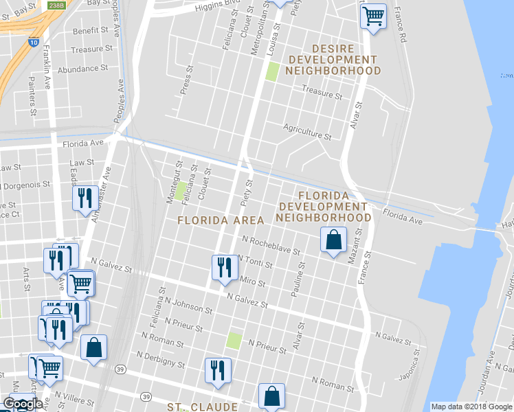 map of restaurants, bars, coffee shops, grocery stores, and more near 2538 Desire Street in New Orleans