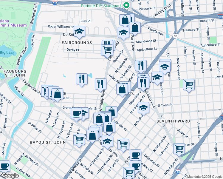 map of restaurants, bars, coffee shops, grocery stores, and more near 2800 D'Abadie Street in New Orleans