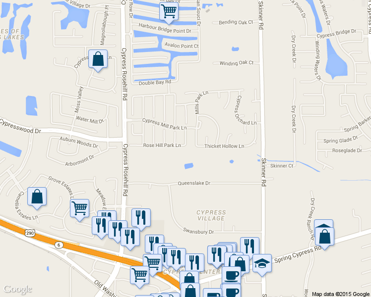 map of restaurants, bars, coffee shops, grocery stores, and more near 17903 Rose Hill Park Ln in Cypress