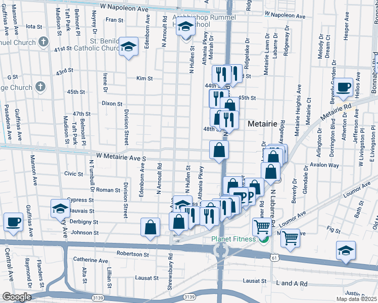 map of restaurants, bars, coffee shops, grocery stores, and more near 3400 West Metairie Avenue North in Metairie