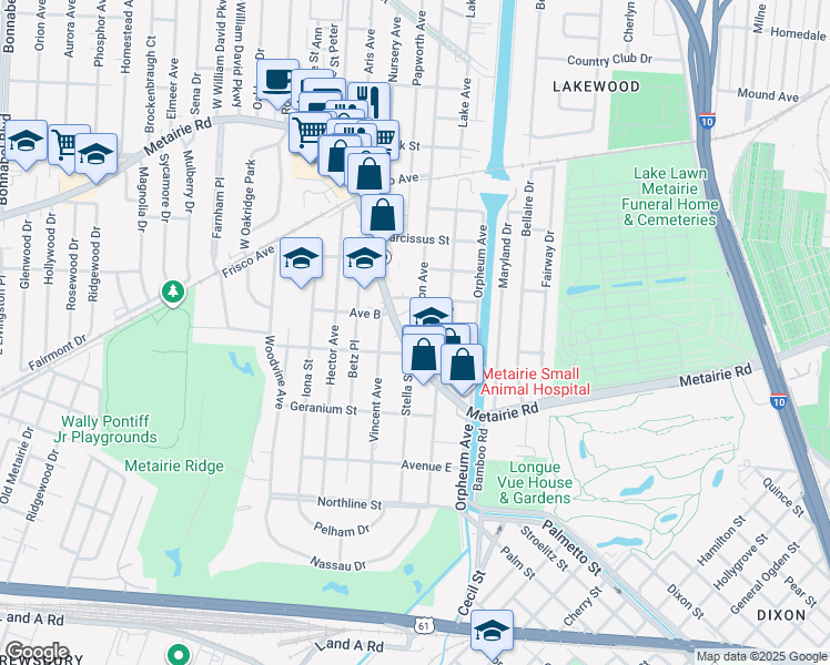 map of restaurants, bars, coffee shops, grocery stores, and more near 120 Carrollton Avenue in Metairie