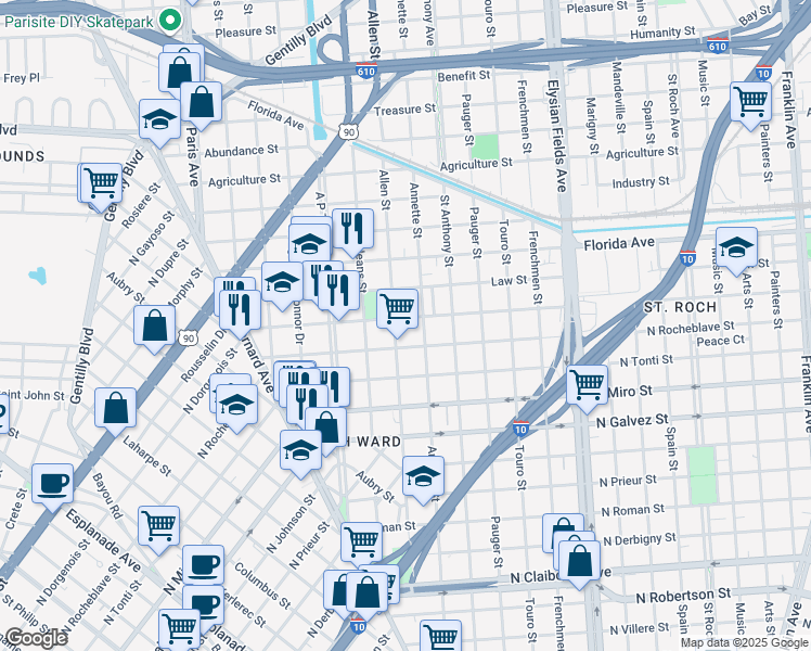 map of restaurants, bars, coffee shops, grocery stores, and more near 2012 North Dorgenois Street in New Orleans
