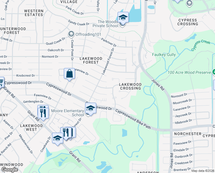 map of restaurants, bars, coffee shops, grocery stores, and more near 11606 Knobcrest Drive in Houston
