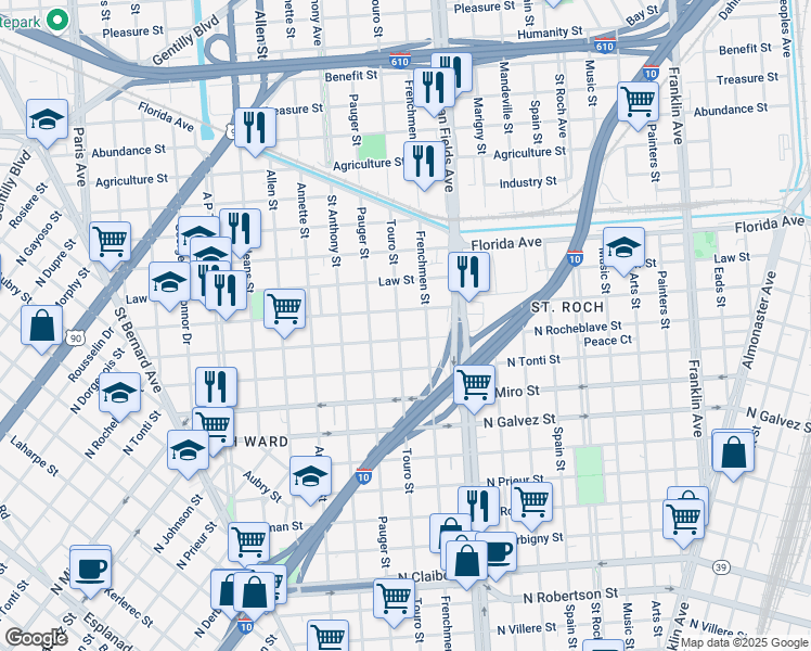 map of restaurants, bars, coffee shops, grocery stores, and more near 2421 Touro Street in New Orleans