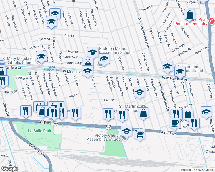 map of restaurants, bars, coffee shops, grocery stores, and more near 5724 Dimaggio Place in Metairie