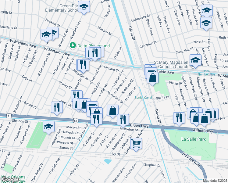 map of restaurants, bars, coffee shops, grocery stores, and more near 508 North Pierce Avenue in Metairie