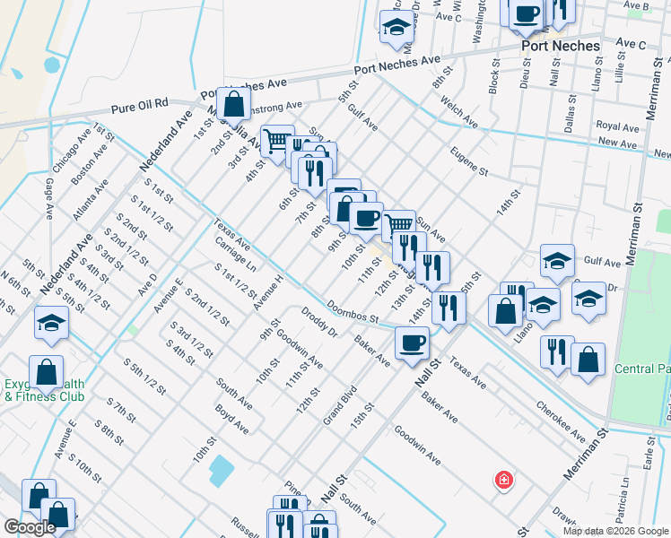 map of restaurants, bars, coffee shops, grocery stores, and more near 2302 10th St in Port Neches