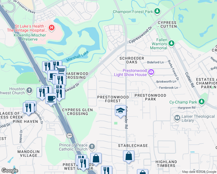 map of restaurants, bars, coffee shops, grocery stores, and more near 8206 Fernbrook Lane in Houston