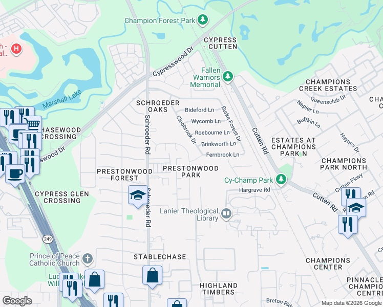 map of restaurants, bars, coffee shops, grocery stores, and more near 14030 Hillingdale Lane in Houston