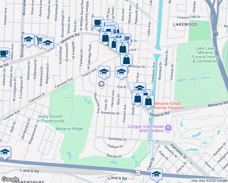 map of restaurants, bars, coffee shops, grocery stores, and more near 317 Hector Avenue in Metairie