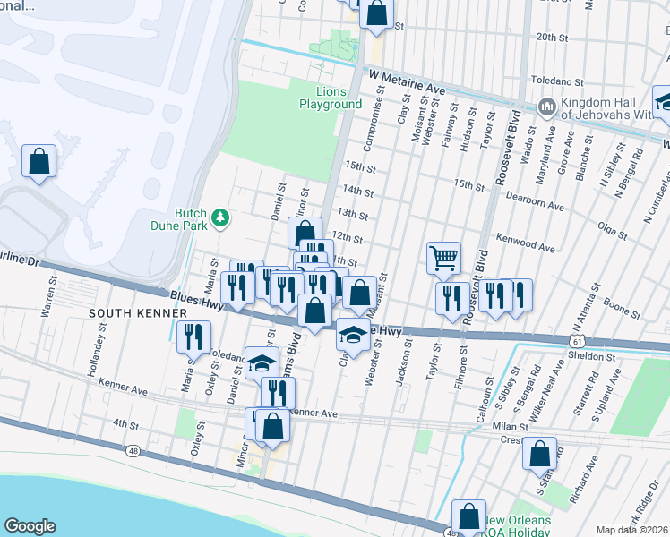 map of restaurants, bars, coffee shops, grocery stores, and more near 1015 Compromise Street in Kenner