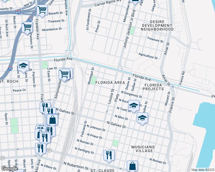 map of restaurants, bars, coffee shops, grocery stores, and more near 3135 North Dorgenois Street in New Orleans