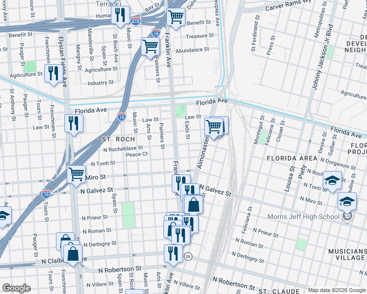 map of restaurants, bars, coffee shops, grocery stores, and more near 2752 North Rocheblave Street in New Orleans