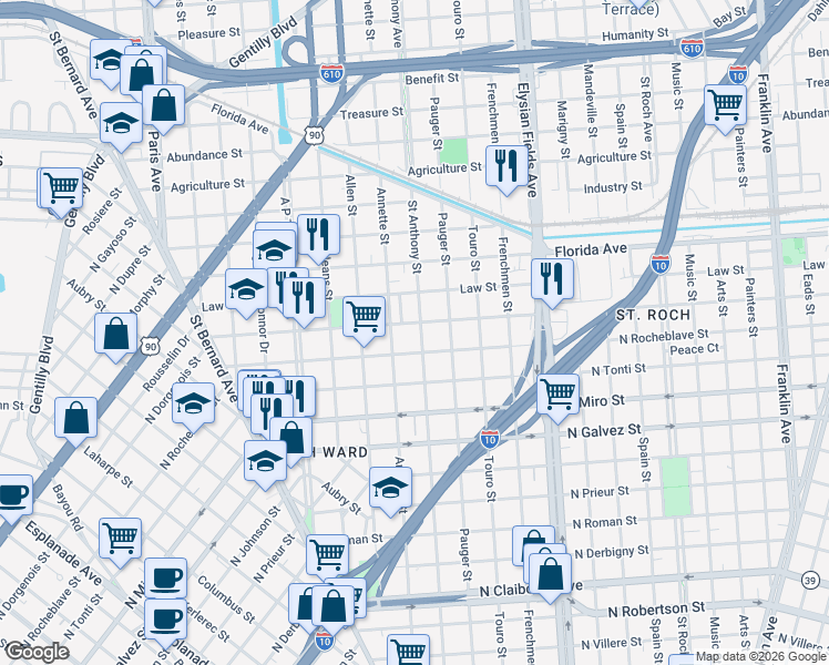 map of restaurants, bars, coffee shops, grocery stores, and more near 2424 Saint Anthony Street in New Orleans
