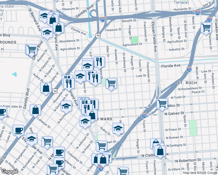 map of restaurants, bars, coffee shops, grocery stores, and more near 2012 North Dorgenois Street in New Orleans