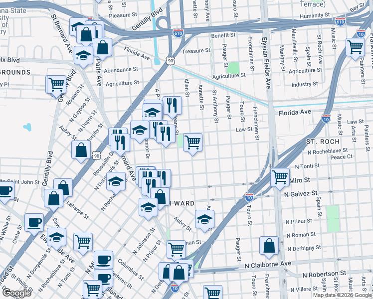 map of restaurants, bars, coffee shops, grocery stores, and more near 2431 New Orleans Street in New Orleans
