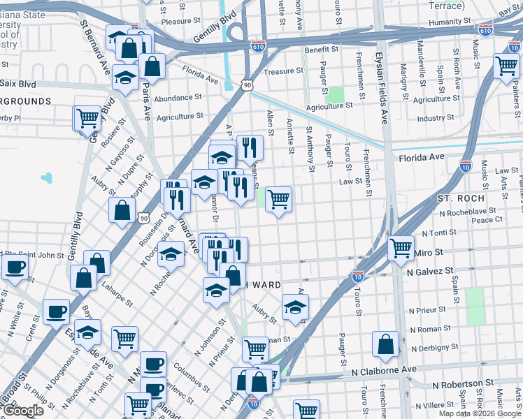 map of restaurants, bars, coffee shops, grocery stores, and more near 2431 New Orleans Street in New Orleans