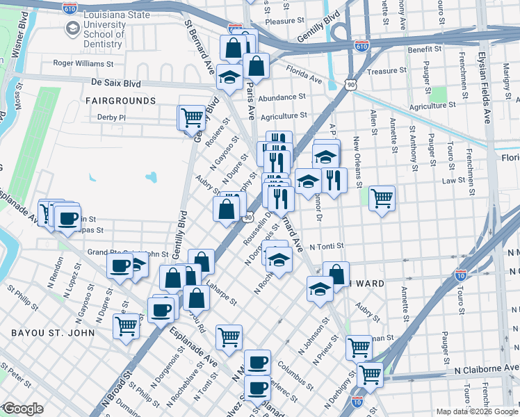 map of restaurants, bars, coffee shops, grocery stores, and more near 2526 O'Reilly Street in New Orleans