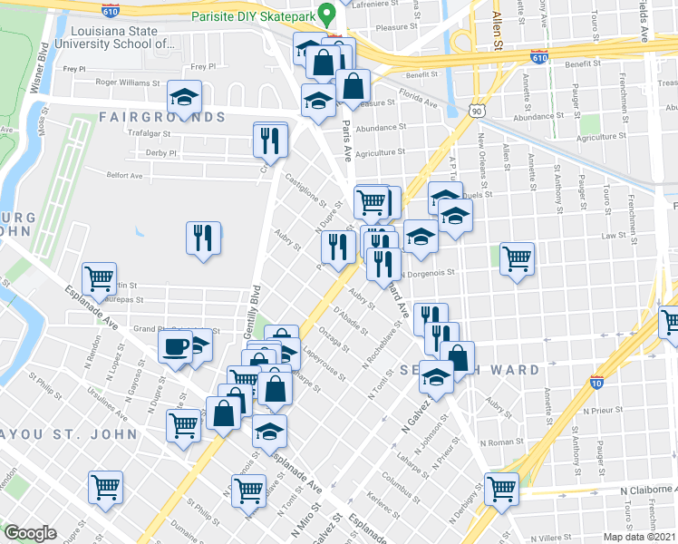 map of restaurants, bars, coffee shops, grocery stores, and more near 1745 North Broad Street in New Orleans