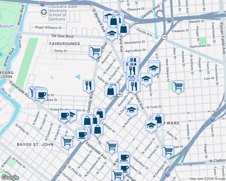 map of restaurants, bars, coffee shops, grocery stores, and more near 1745 North Broad Street in New Orleans