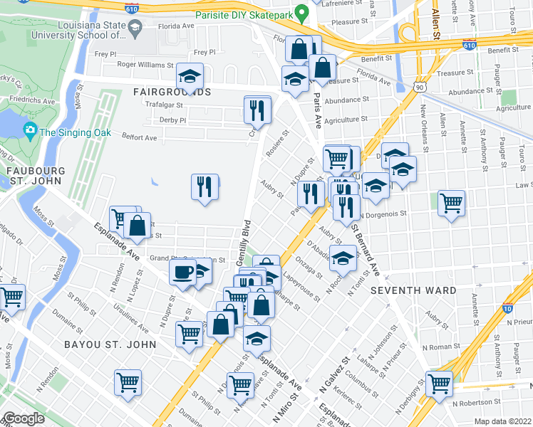 map of restaurants, bars, coffee shops, grocery stores, and more near 1659 North Dupre Street in New Orleans