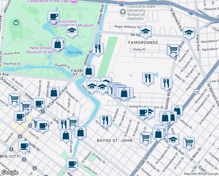 map of restaurants, bars, coffee shops, grocery stores, and more near 1428 Verna Court in New Orleans