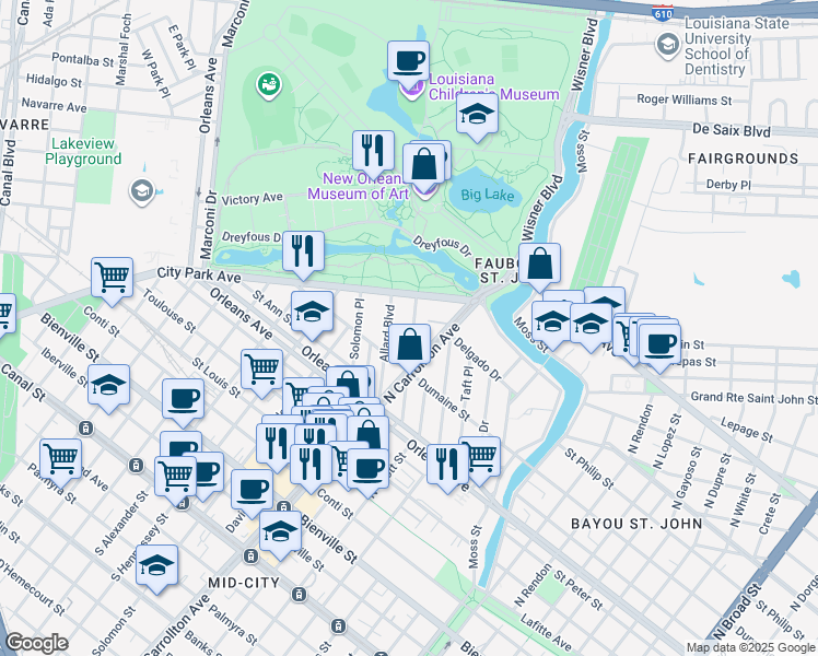 map of restaurants, bars, coffee shops, grocery stores, and more near 32 Allard Boulevard in New Orleans