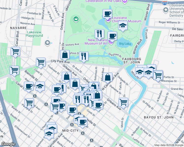 map of restaurants, bars, coffee shops, grocery stores, and more near 4229 Saint Ann Street in New Orleans