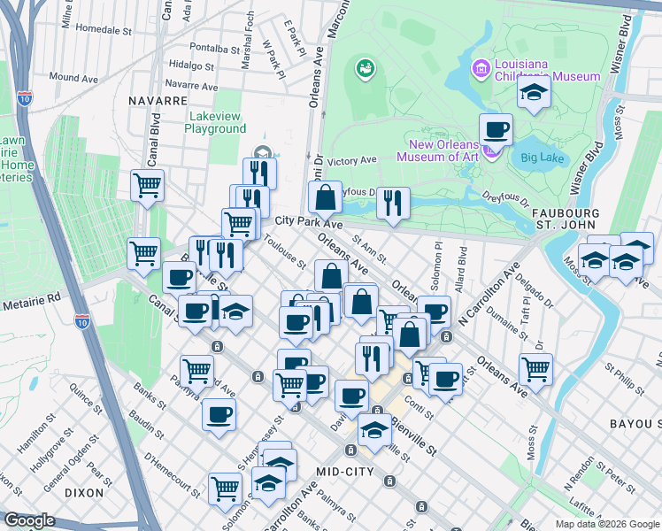 map of restaurants, bars, coffee shops, grocery stores, and more near 606 North Olympia Street in New Orleans