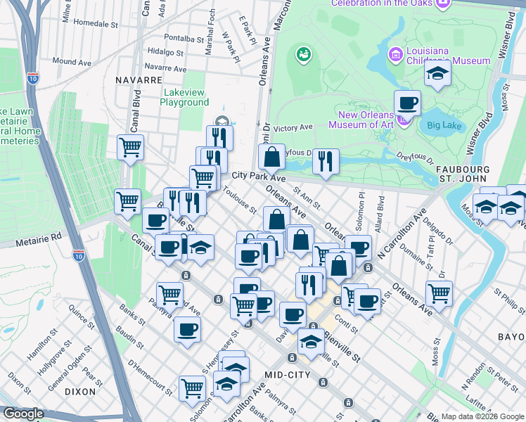 map of restaurants, bars, coffee shops, grocery stores, and more near 606 North Olympia Street in New Orleans