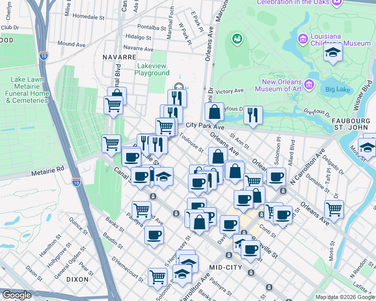 map of restaurants, bars, coffee shops, grocery stores, and more near 514 North Saint Patrick Street in New Orleans