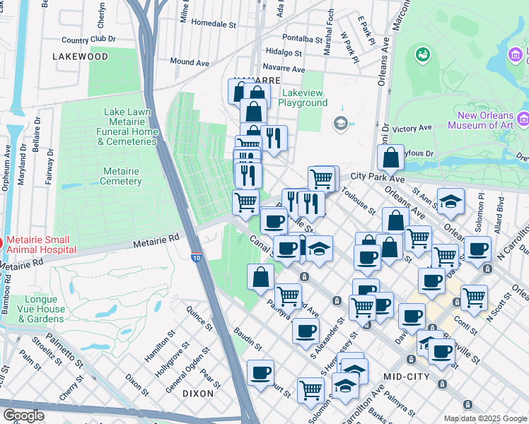 map of restaurants, bars, coffee shops, grocery stores, and more near 5021 Iberville Street in New Orleans