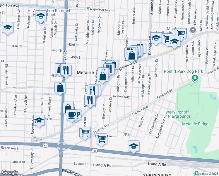 map of restaurants, bars, coffee shops, grocery stores, and more near 2420 Metairie Road in Metairie