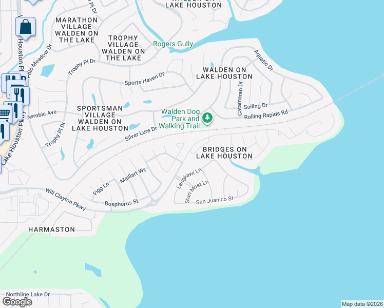 map of restaurants, bars, coffee shops, grocery stores, and more near 8522 Rialto Canal Loop in Houston