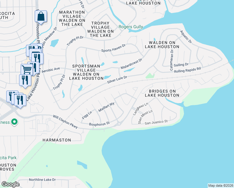 map of restaurants, bars, coffee shops, grocery stores, and more near 18118 Van Berkel Lane in Houston