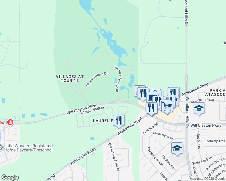 map of restaurants, bars, coffee shops, grocery stores, and more near Hunters Terrace in Humble