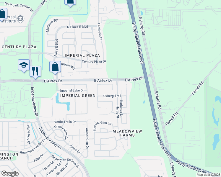 map of restaurants, bars, coffee shops, grocery stores, and more near 20006 Luns Lane in Houston