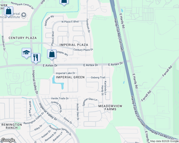 map of restaurants, bars, coffee shops, grocery stores, and more near 1427 Glasholm Drive in Houston
