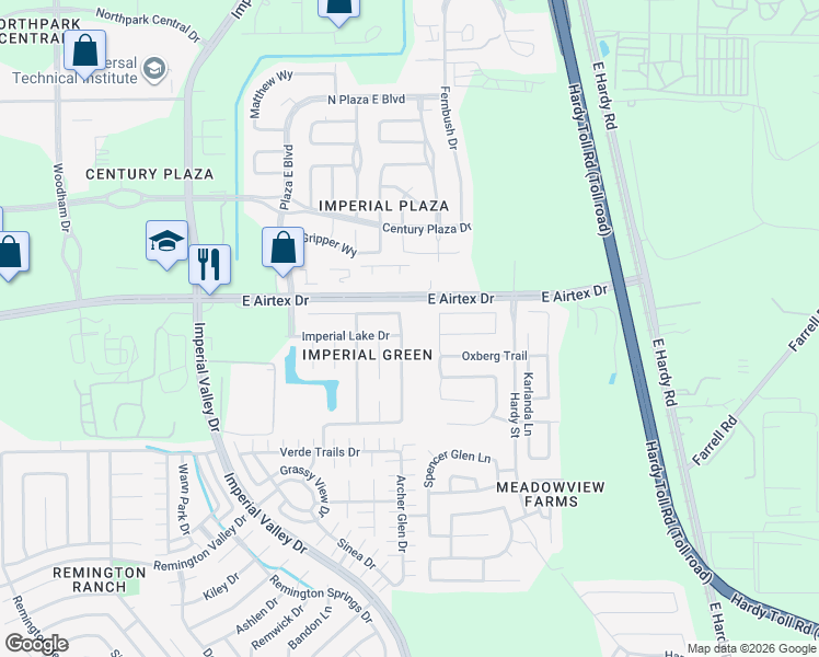 map of restaurants, bars, coffee shops, grocery stores, and more near 20035 Oland Way in Houston
